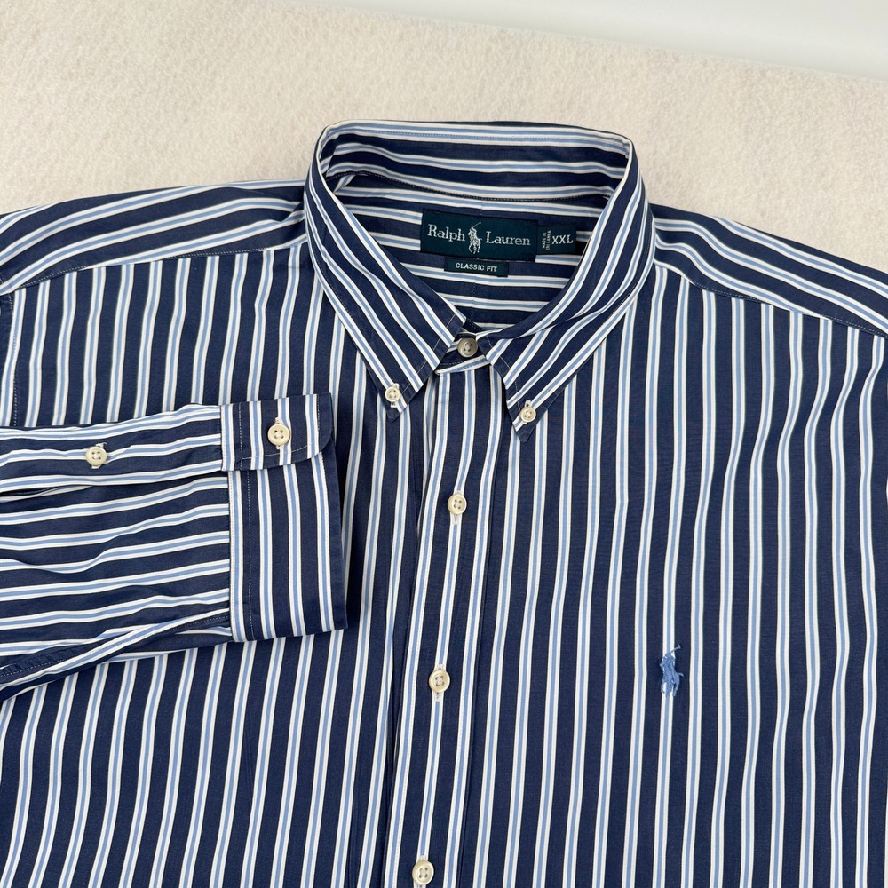 Ralph Lauren Mens XXL Classic Fit Striped Button Down Shirt Navy Long Sleeve